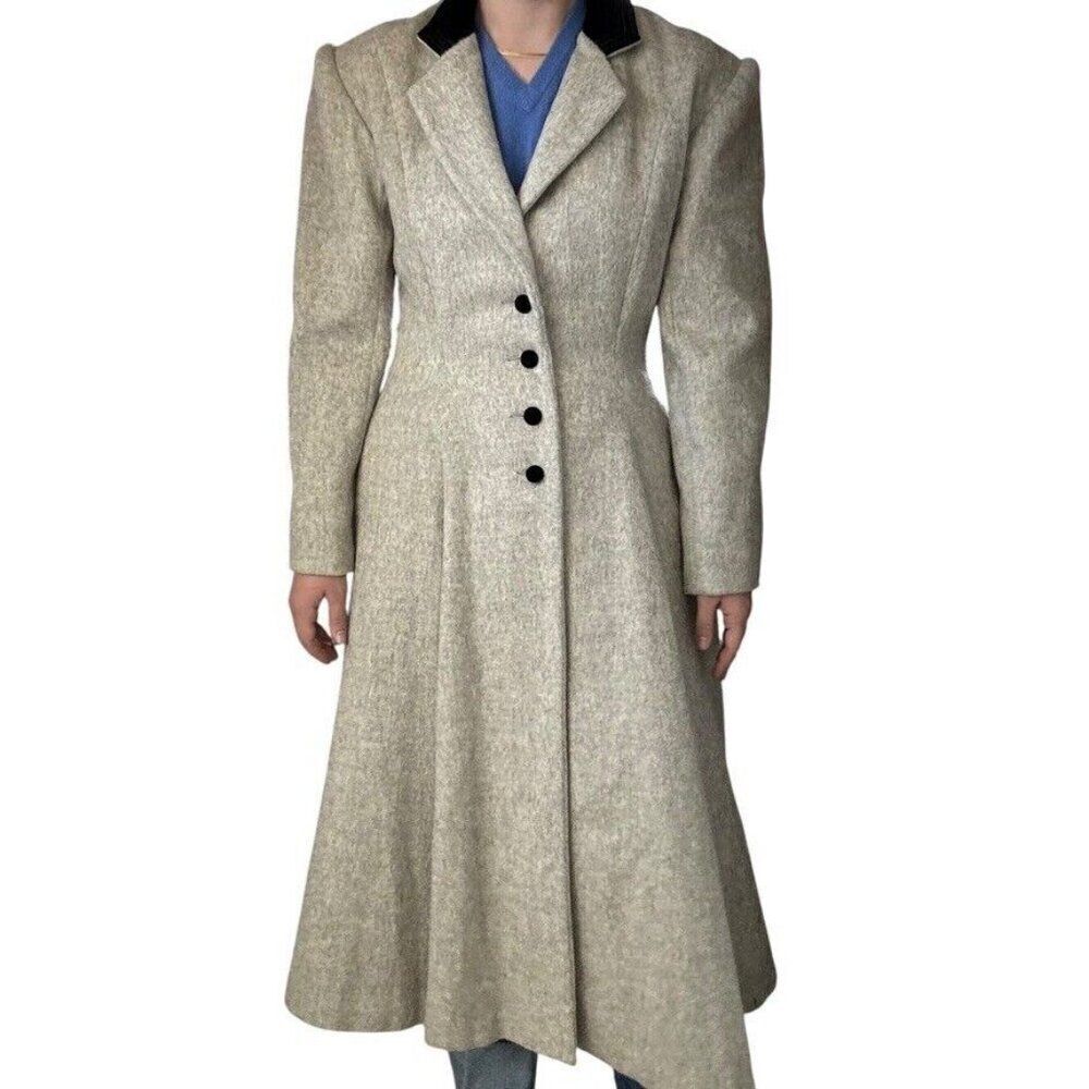 Vintage Womens Cullinane Gray Wool Bow Waist Velvet Collar Trench Coat Jacket S